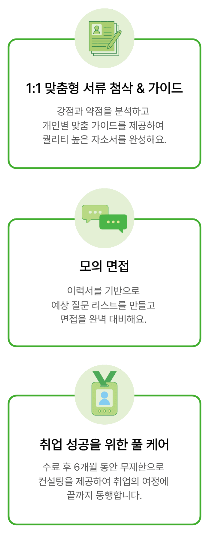 1. 1:1 맞춤형 서류 첨삭 & 가이드 : 강점과 약점을 분석하고 개인별 맞춤 가이드를 제공하여 퀄리티 높은 자소서를 완성해요.
2. 모의 면접: 이력서를 기반으로 예상 질문 리스트를 만들고 면접을 완벽 대비해요.
3. 취업 성공을 위한 풀 케어: 수료 후 6개월 동안 무제한으로 컨설팅을 제공하여 취업의 여정에 끝까지 동행합니다.