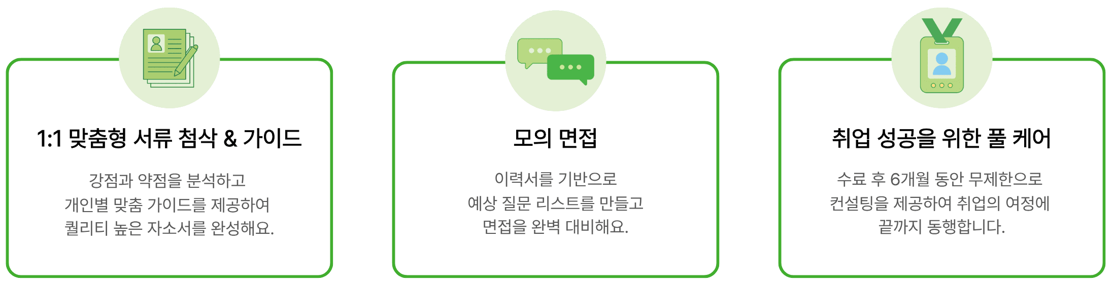 1. 1:1 맞춤형 서류 첨삭 & 가이드 : 강점과 약점을 분석하고 개인별 맞춤 가이드를 제공하여 퀄리티 높은 자소서를 완성해요.
2. 모의 면접: 이력서를 기반으로 예상 질문 리스트를 만들고 면접을 완벽 대비해요.
3. 취업 성공을 위한 풀 케어: 수료 후 6개월 동안 무제한으로 컨설팅을 제공하여 취업의 여정에 끝까지 동행합니다.